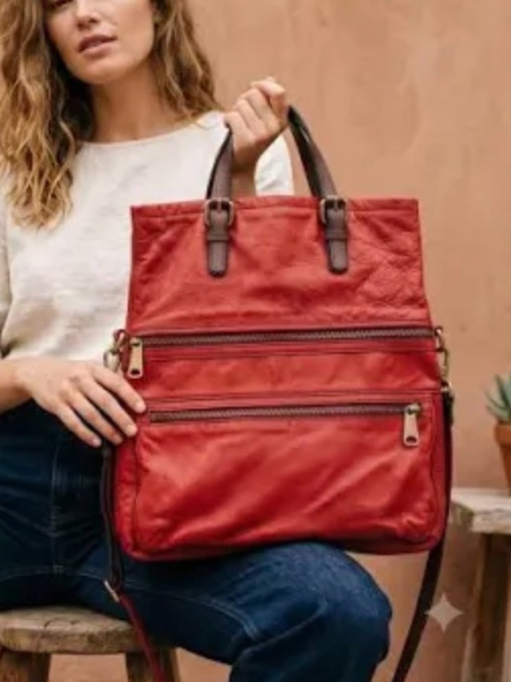 UEC Vintage red leather fossil Explorer messenger bag, fold over crossbody